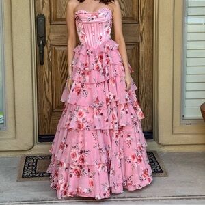 Floral Pink Strapless Corset Prom Dress